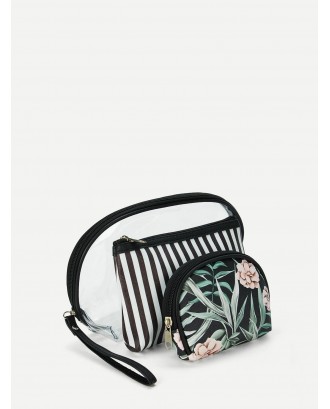 Flower Print & Striped Makeup Bag 3pcs