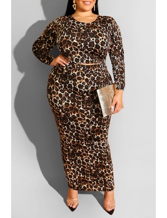 Lovely Casual Leopard Printed Plus Size Two-piece Skirt Set