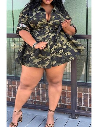 Lovely Casual Camouflage Printed Army Green Plus Size Mini Dress