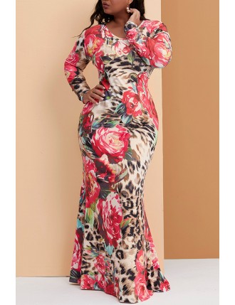 Lovely Casual Floral Printed Red Floor Length Trumpet Mermaid  Plus Size Dress