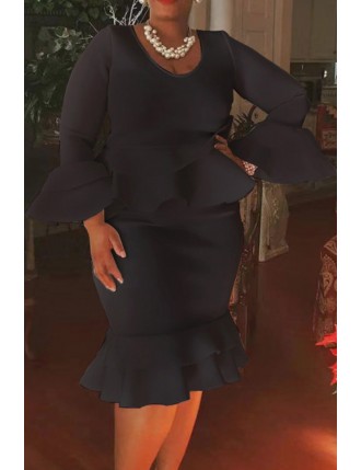 Lovely Casual Flounce Design Black  Knee Length Plus Size Dress