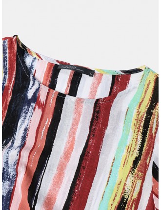 Multicolor Stripe Loose Short Sleeve Vintage Dress