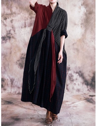 Plaid Print Patchwork Long Sleeve Vintage Dress For Women