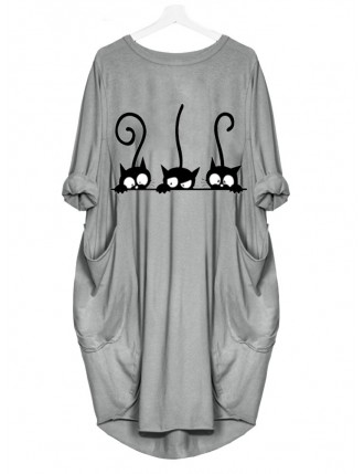 Casual Cats Print Pockets Long Sleeve Dress