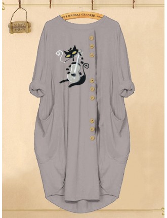 Cartoon Print Cat Guitar Button Dress with Pockets