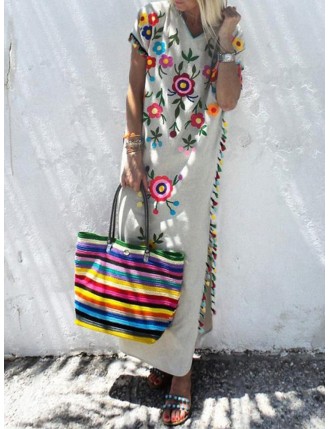 Bohemian Floral Print Tassel Split V-neck Plus Size Maxi Dress