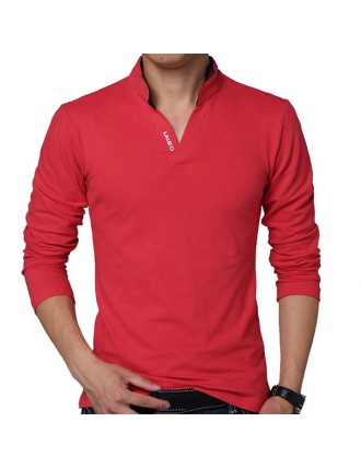 HOT SALE Mens Fashion V-neck Collar Solid Color Long Sleeve Casual T shirt